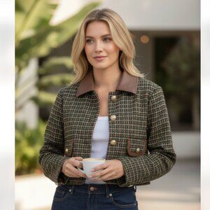 NWOT BAGATELLE COLLECTION Houndstooth Jacquard Jacket With Faux Leather Collar